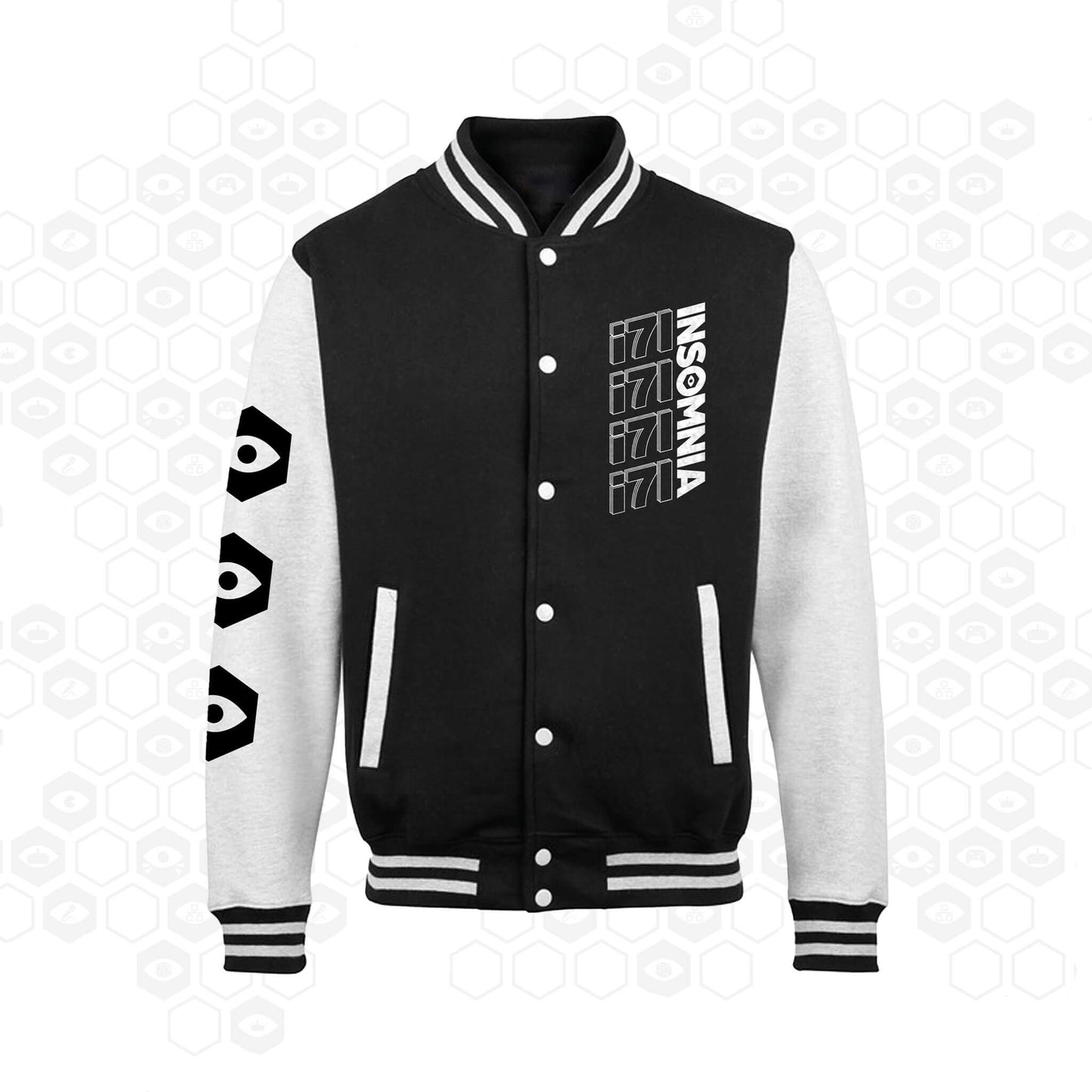 i71 Game Active Varsity Jacket | Black/White | Front | Insomnia Gaming Festival