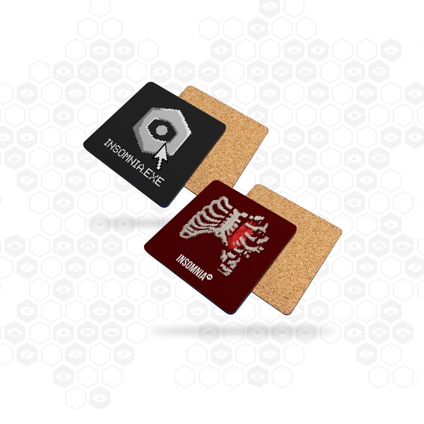 Insomnia retro computer coaster set fratuting insomnia.exe and 8-bit ribcage designs