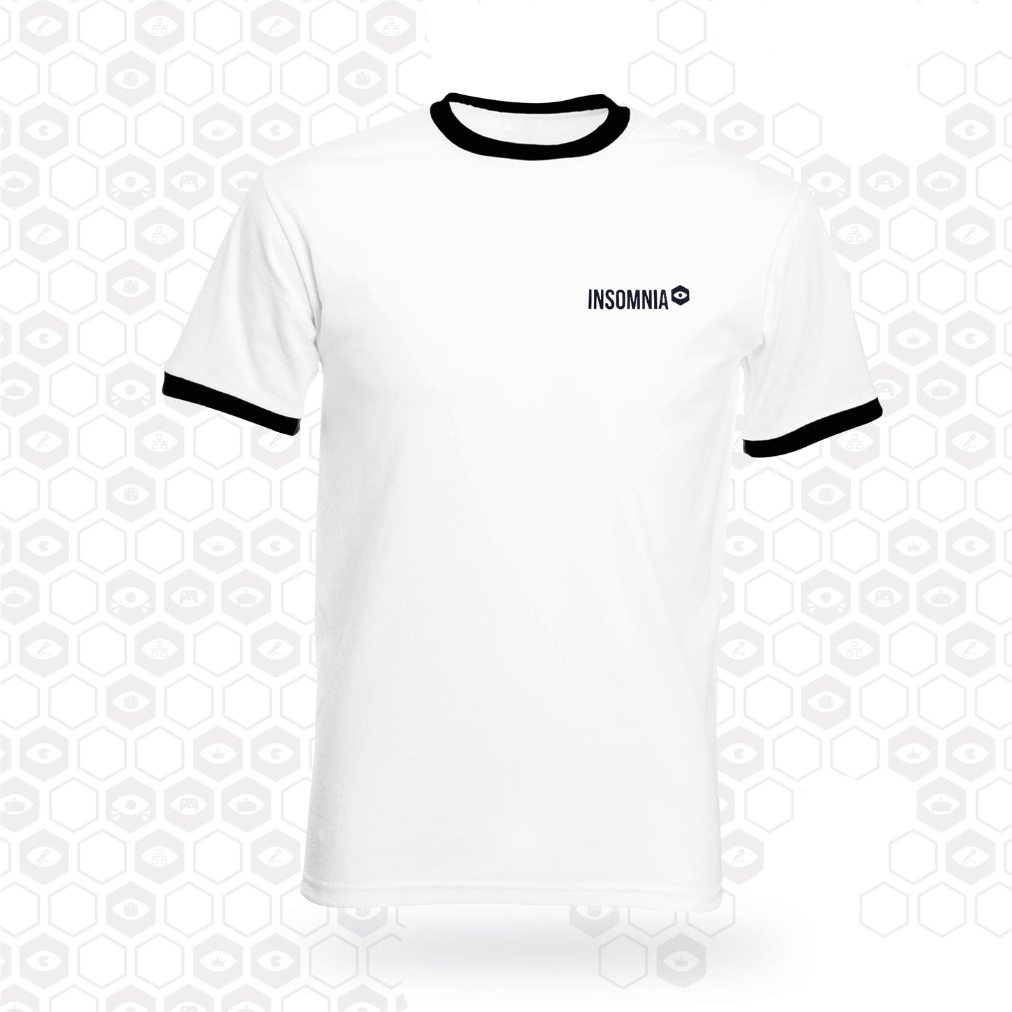 ringer t-shirt with insomnia logo printed on the left chest - white with black trim