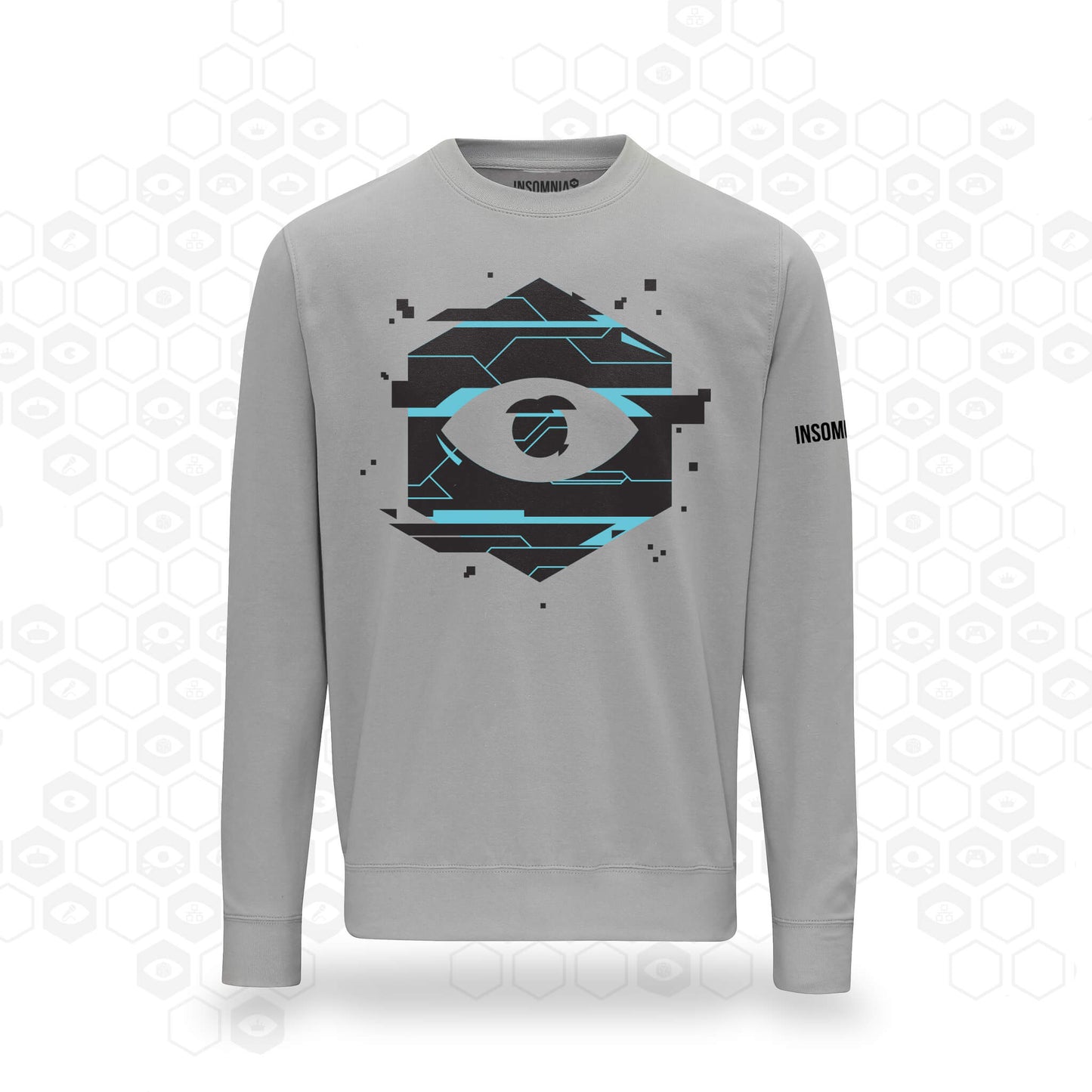 Grey Insomnia sweatshirt freaturing glitching eye design and insomina logo on the sleeve
