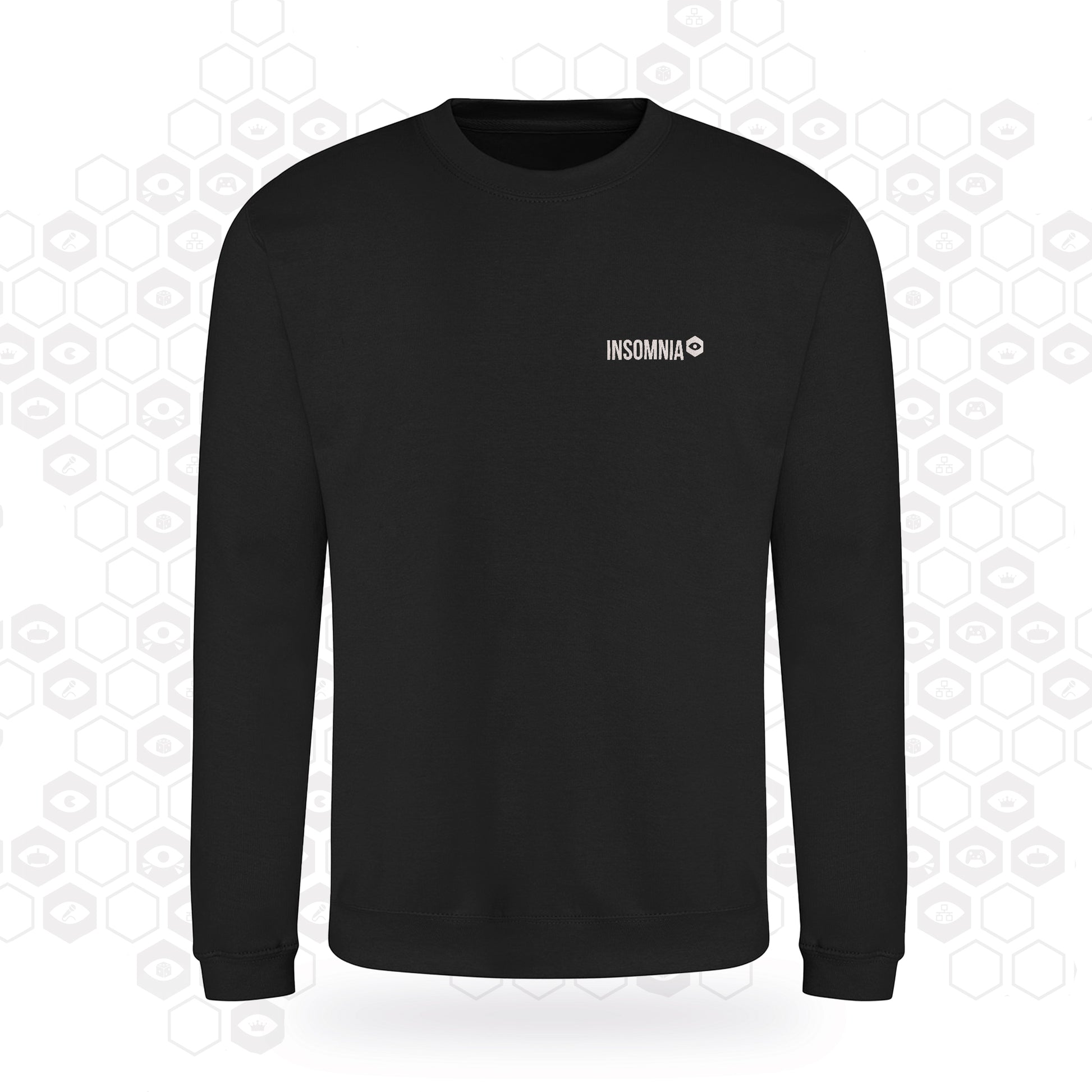 black sweat shirt with insomnia logo printed on the left chest