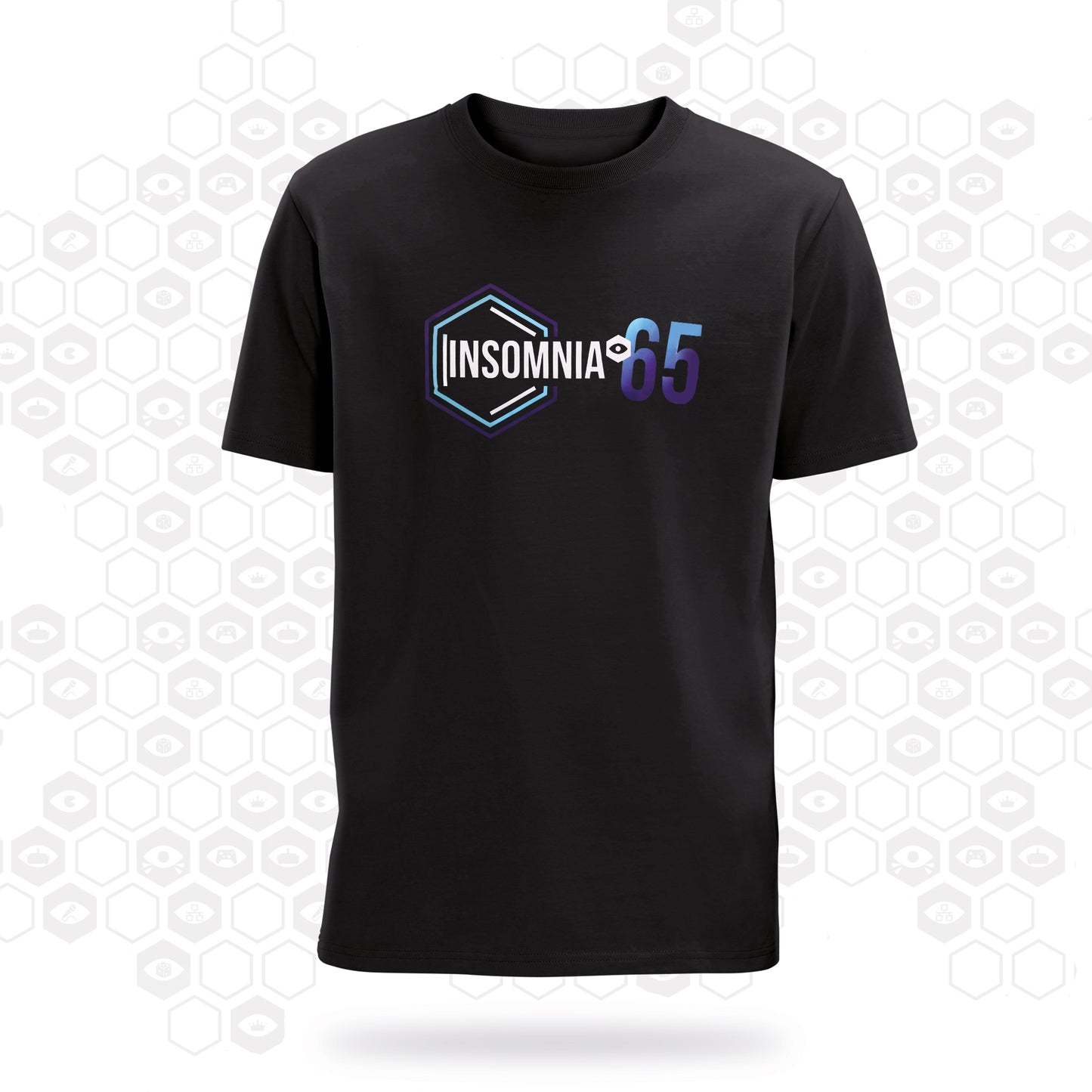 black t-shirt with insomnia logo and 65 printed on the front.