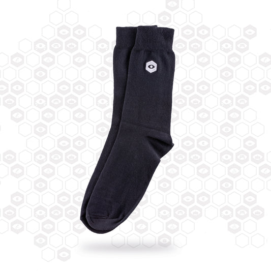 short length black cotton socks embroidered with the insomnia eye motif