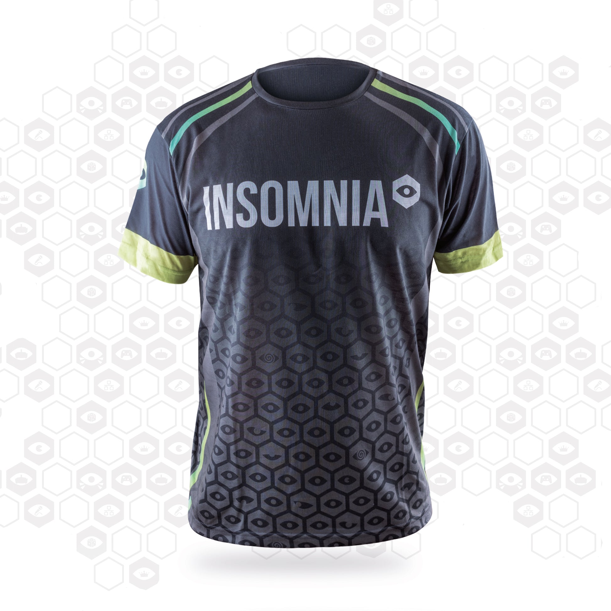 performance t-shirt with insomnia logo across the chest. Tone on tone insomnia eye motif pattern in the body and green detailing on the sleeves, shoulders, and sides.