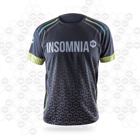 performance t-shirt with insomnia logo across the chest. Tone on tone insomnia eye motif pattern in the body and green detailing on the sleeves, shoulders, and sides.