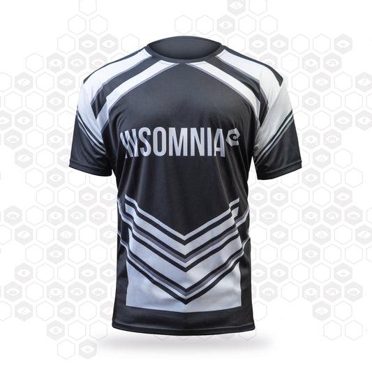 Performance t-shirt with insomnia logo across the chest and black and white pattern across the body and sleeves.