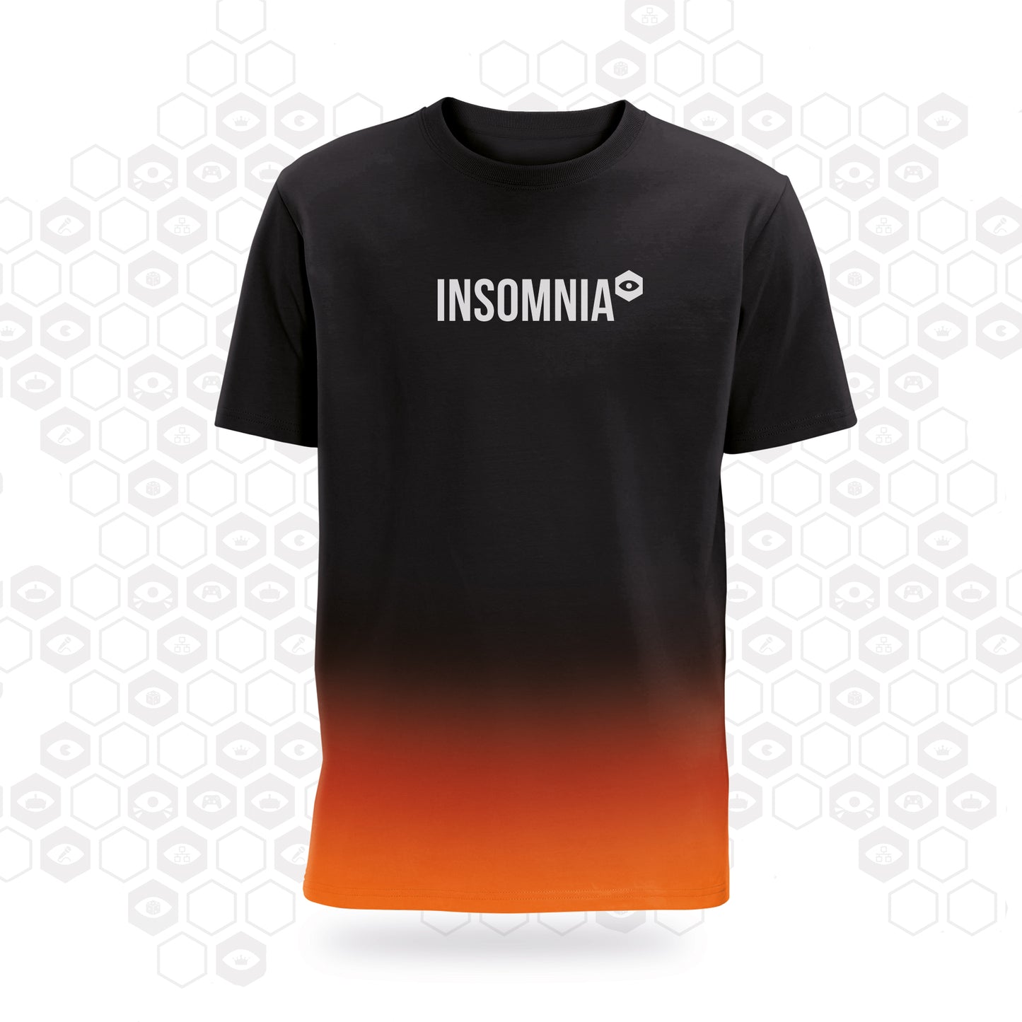 performance t-shirt in black fading to orange at the botton and printed with the insomnia logo across the chest