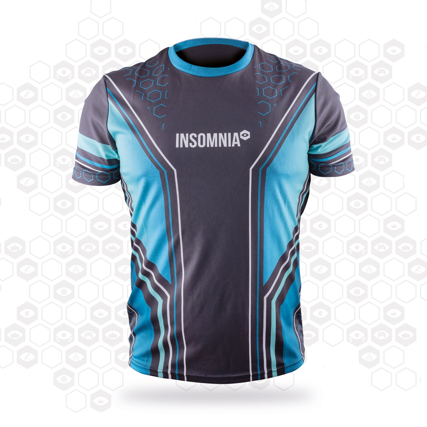 Performance t-shirt with insomnia logo on the chest and blue and white design inspired by the insomnia eye motif