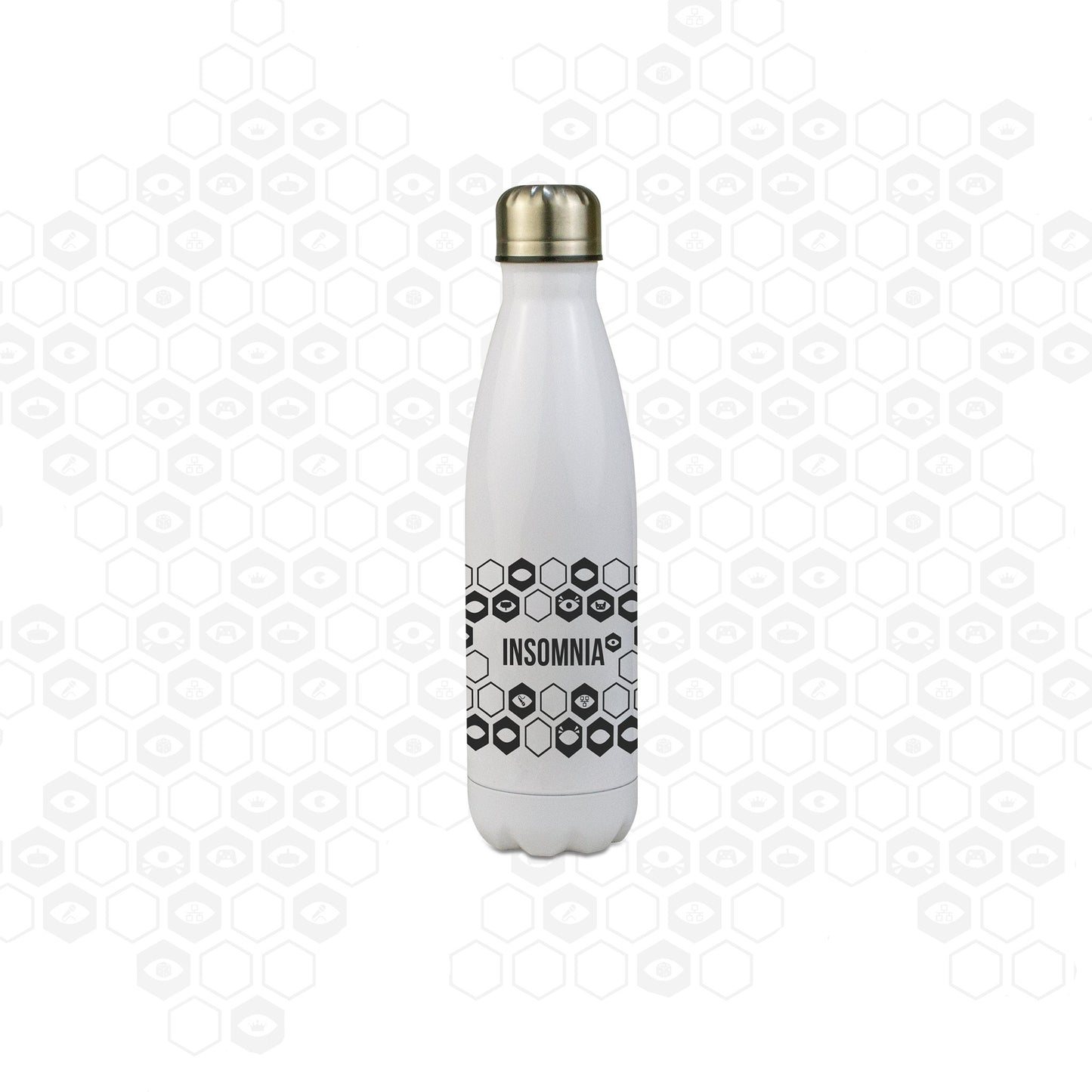 White stainless steel water botle with printed Insomnia logo design