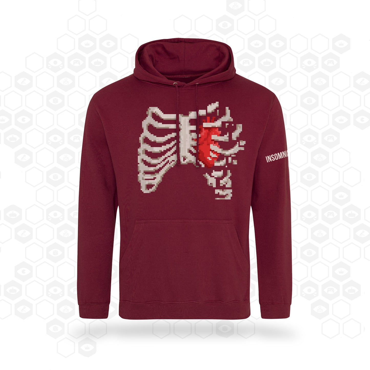 Burgundy Insomnia hooded sweatshirt with 16-bit ribcage design