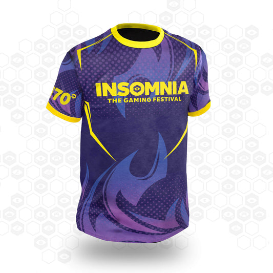 Official i70 Steel Flame eSports Jersey - Purple/Yellow - Front | Insomnia Gaming Festival