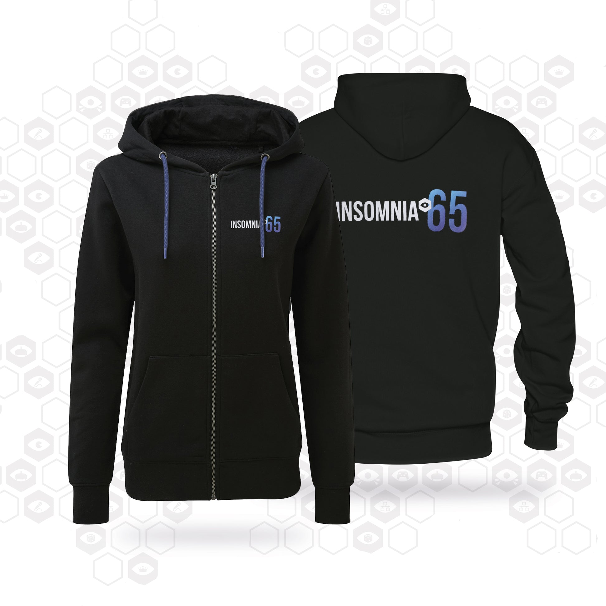 Black full zip hoodie printed with insomnia 65 left chest print and back print