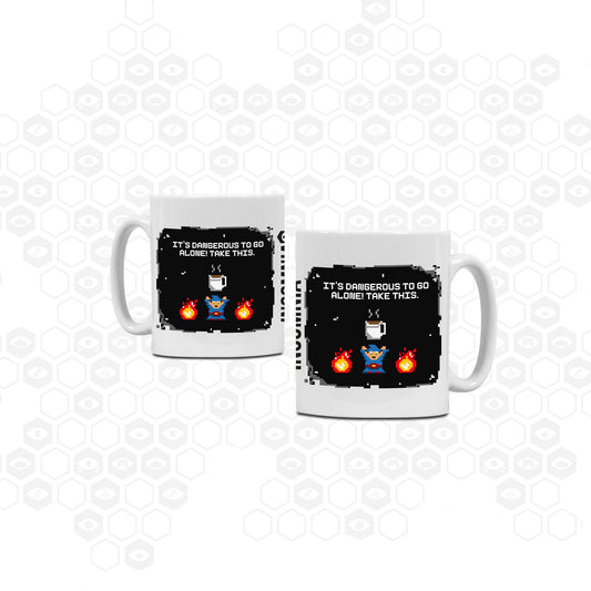 Insomnia white ceramic mug with Its dangerouse to go alone! Take this. design on both sides