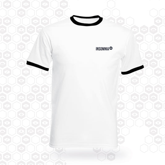 ringer t-shirt with insomnia logo printed on the left chest - white with black trim