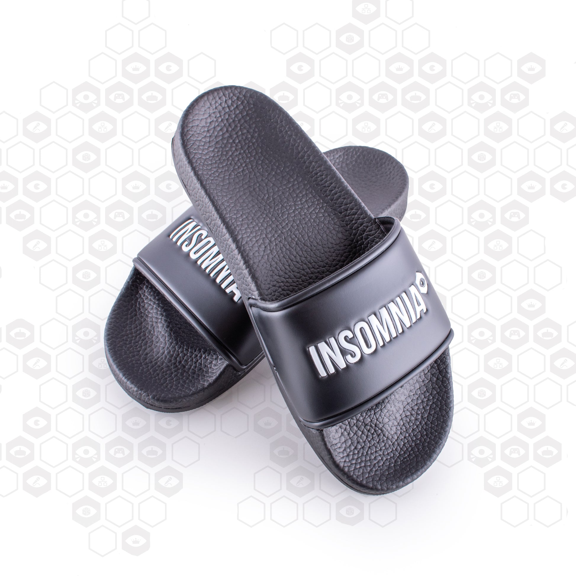 Black soft cushioned sliders with bandage style upper with insomnia logo in white