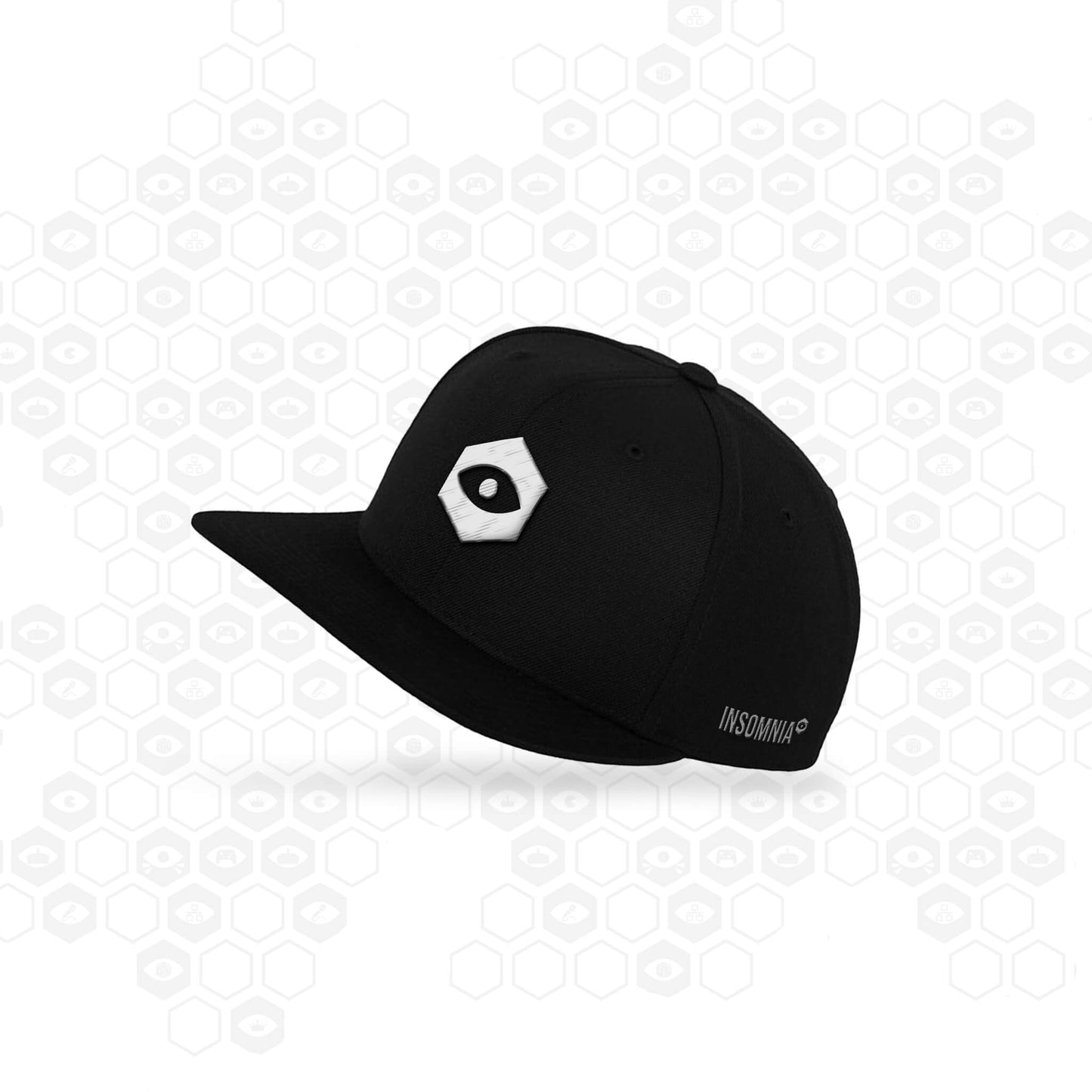 Black snapback style cap with the insomnia eye embroidered on the fron and insomnia logo on the side
