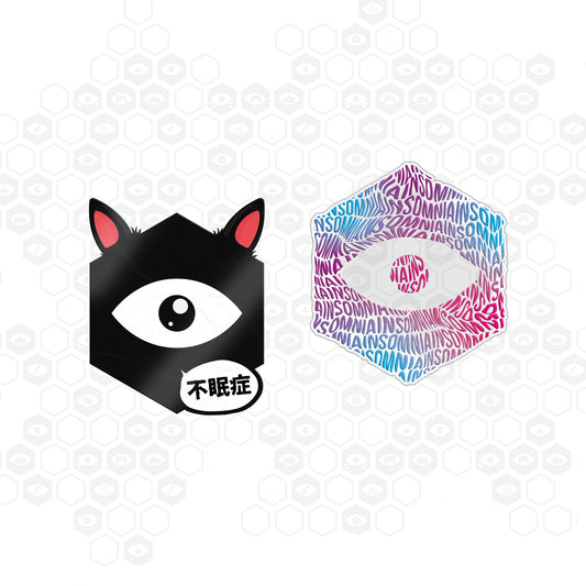Pack of 2 Insonmia stickers featuring Kawaii Cat design and Warped Insomnia Eye design