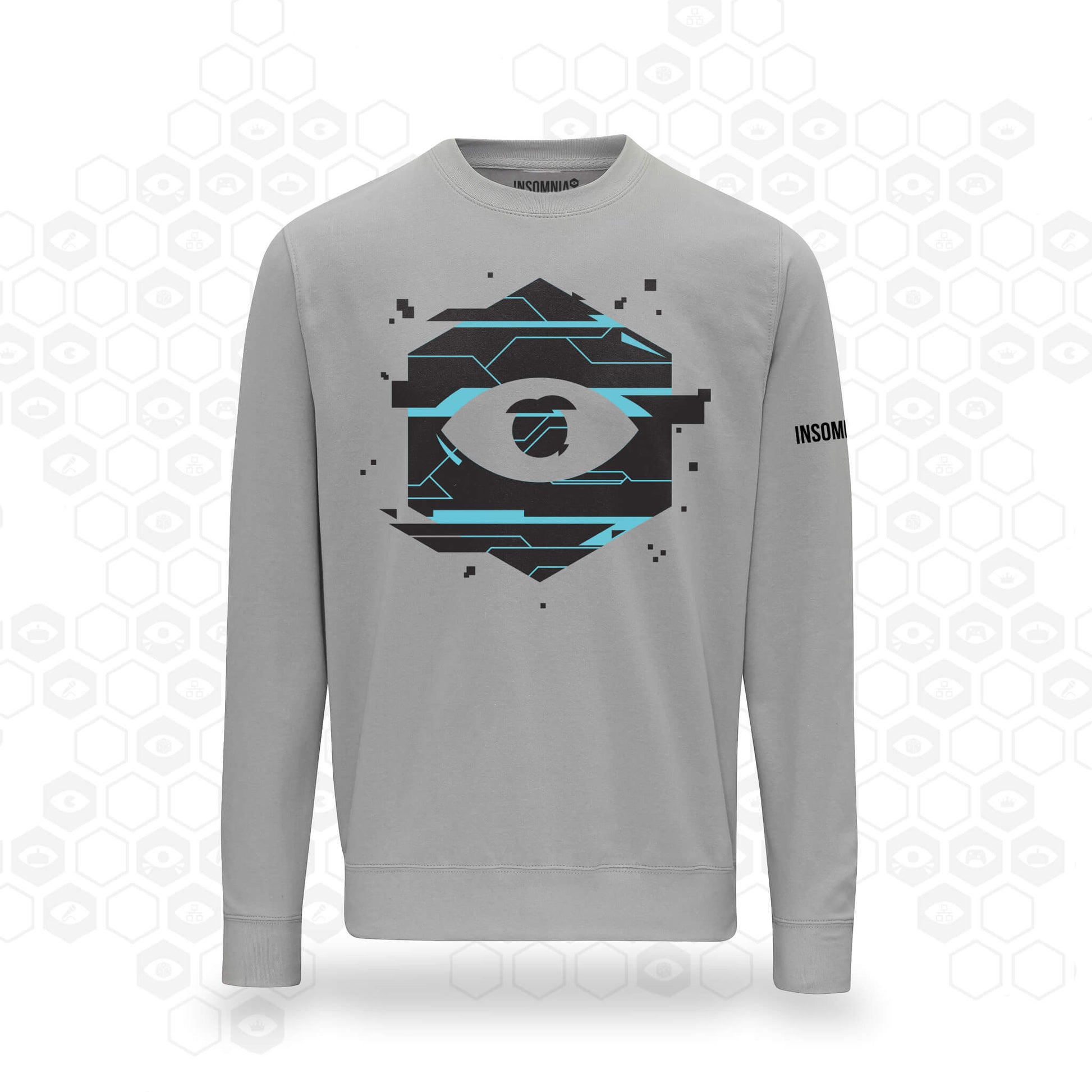 Grey Insomnia sweatshirt freaturing glitching eye design and insomina logo on the sleeve