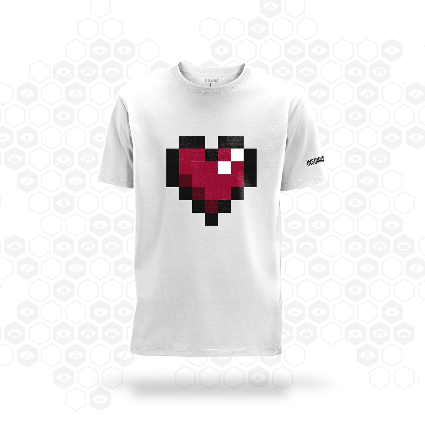 White insomnia t-shirt with 8-bit heart design