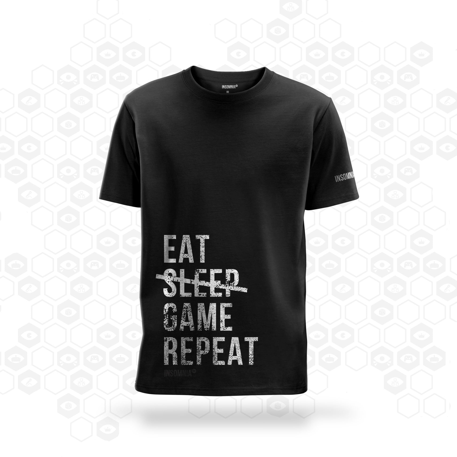 Black Insomnia T-Shirt with typographic Eat Sleep Game Repeat design