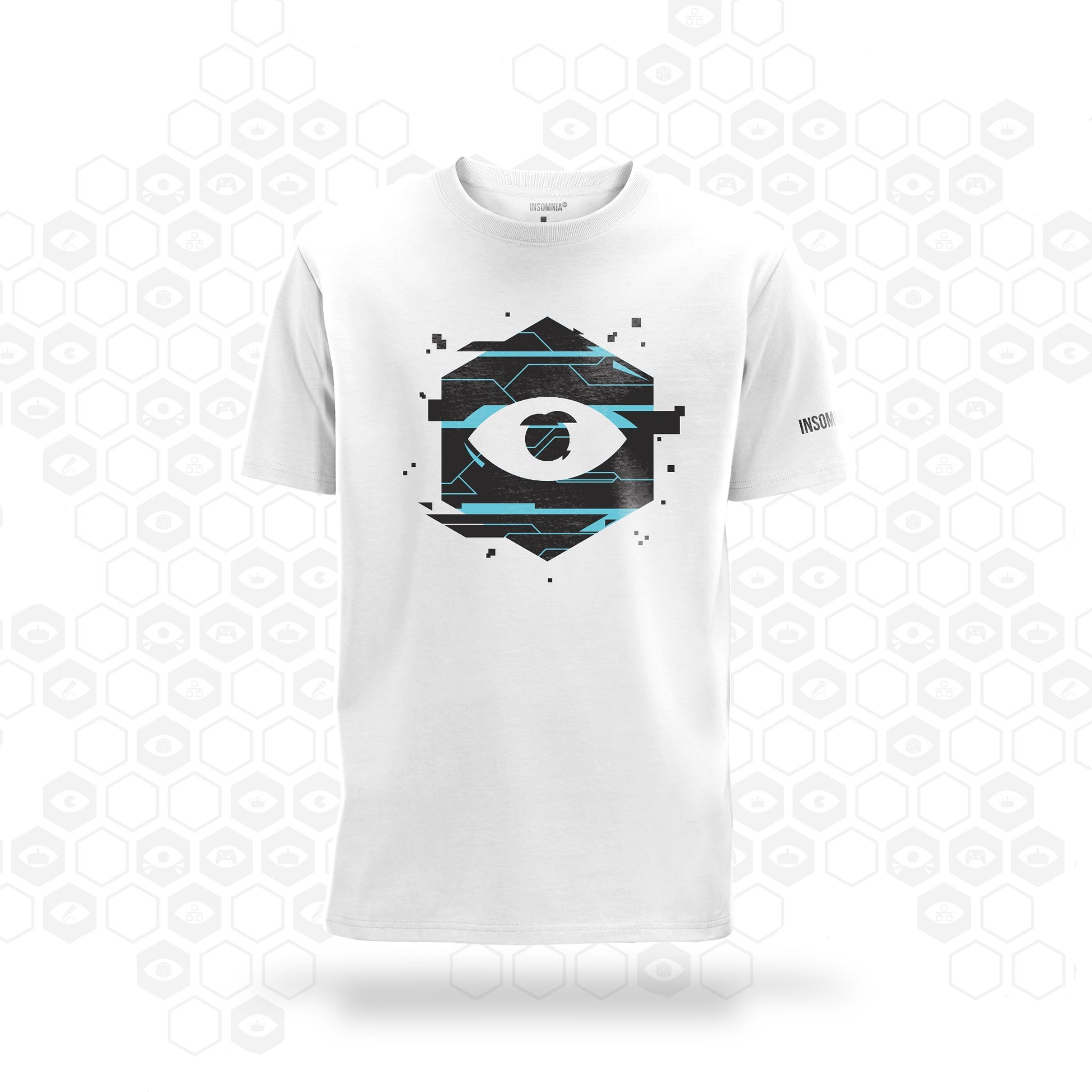 White Insomnia t-shirt with glitching eye design and insomnia logo on the sleeve