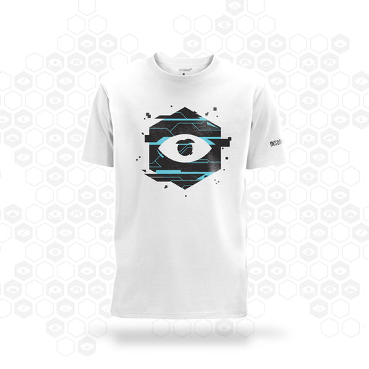 White Insomnia t-shirt with glitching eye design and insomnia logo on the sleeve