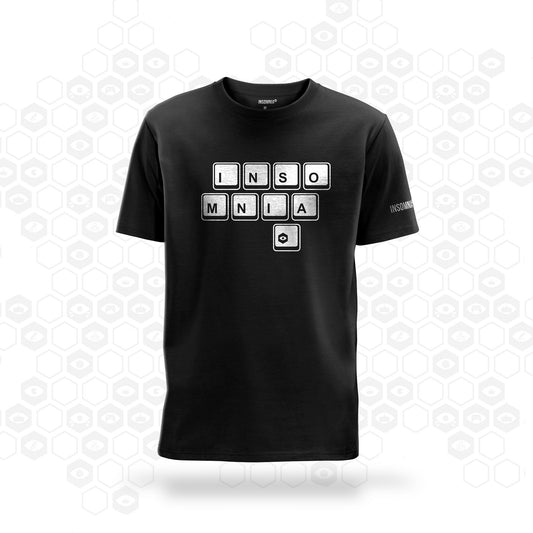 Black t-shirt with insomnia spelt out on keyboard keys