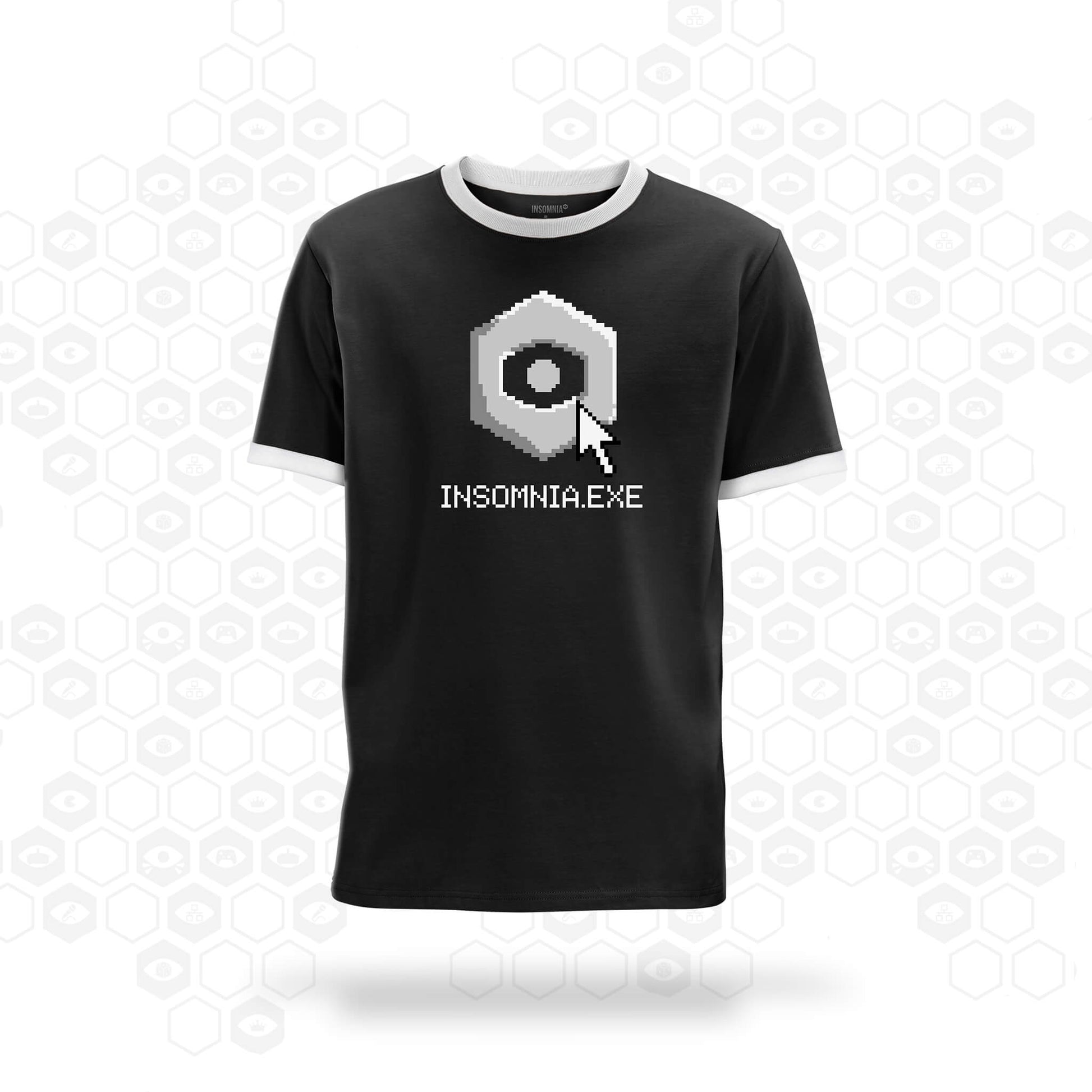 Black ringer t-shirt with white trim and insomnia.exe design